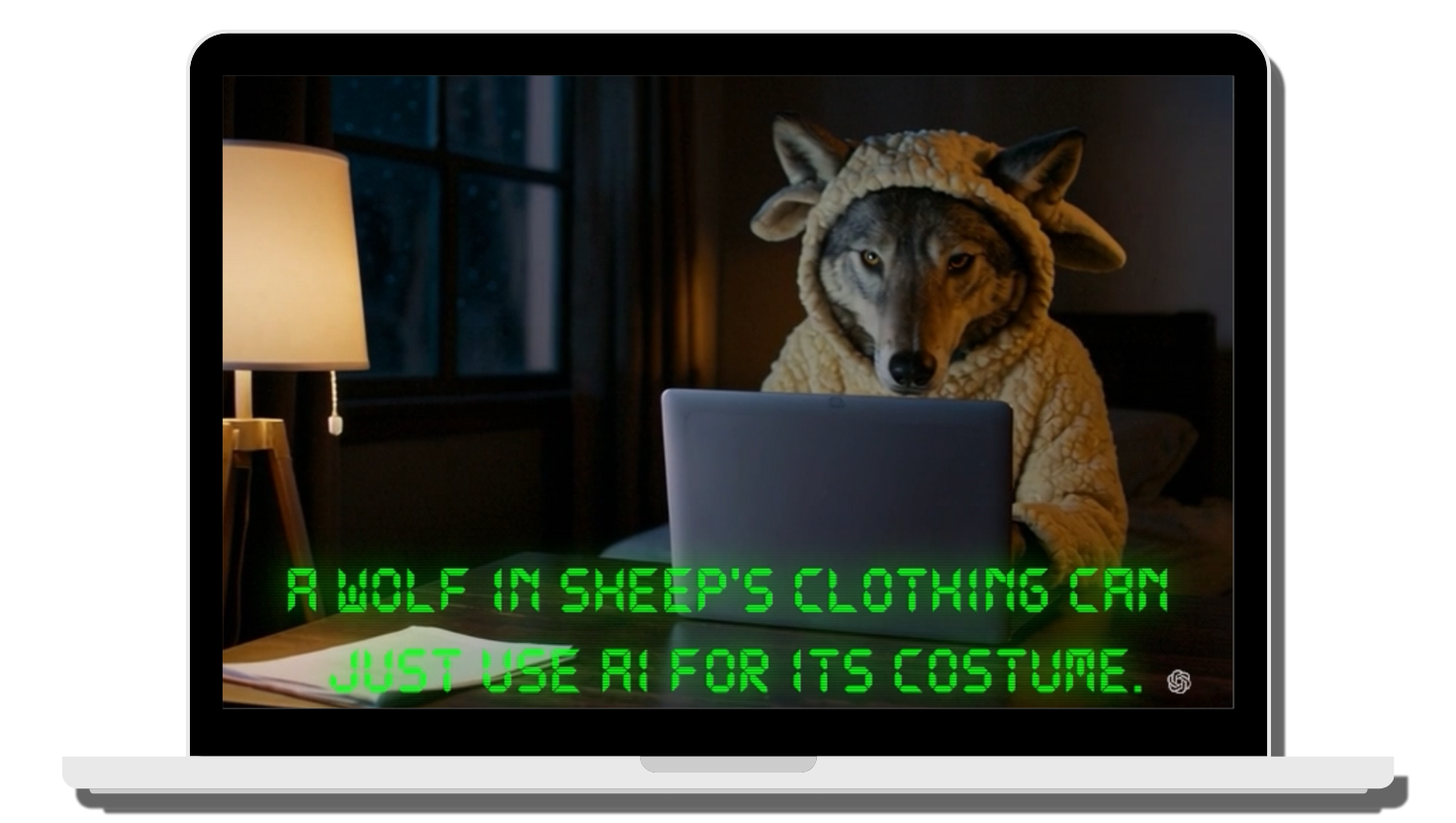 wolf wearing a sheeps costume at a laptop in a dim lit room. With the text a wolf in sheeps clothing can just use AI for its costume.